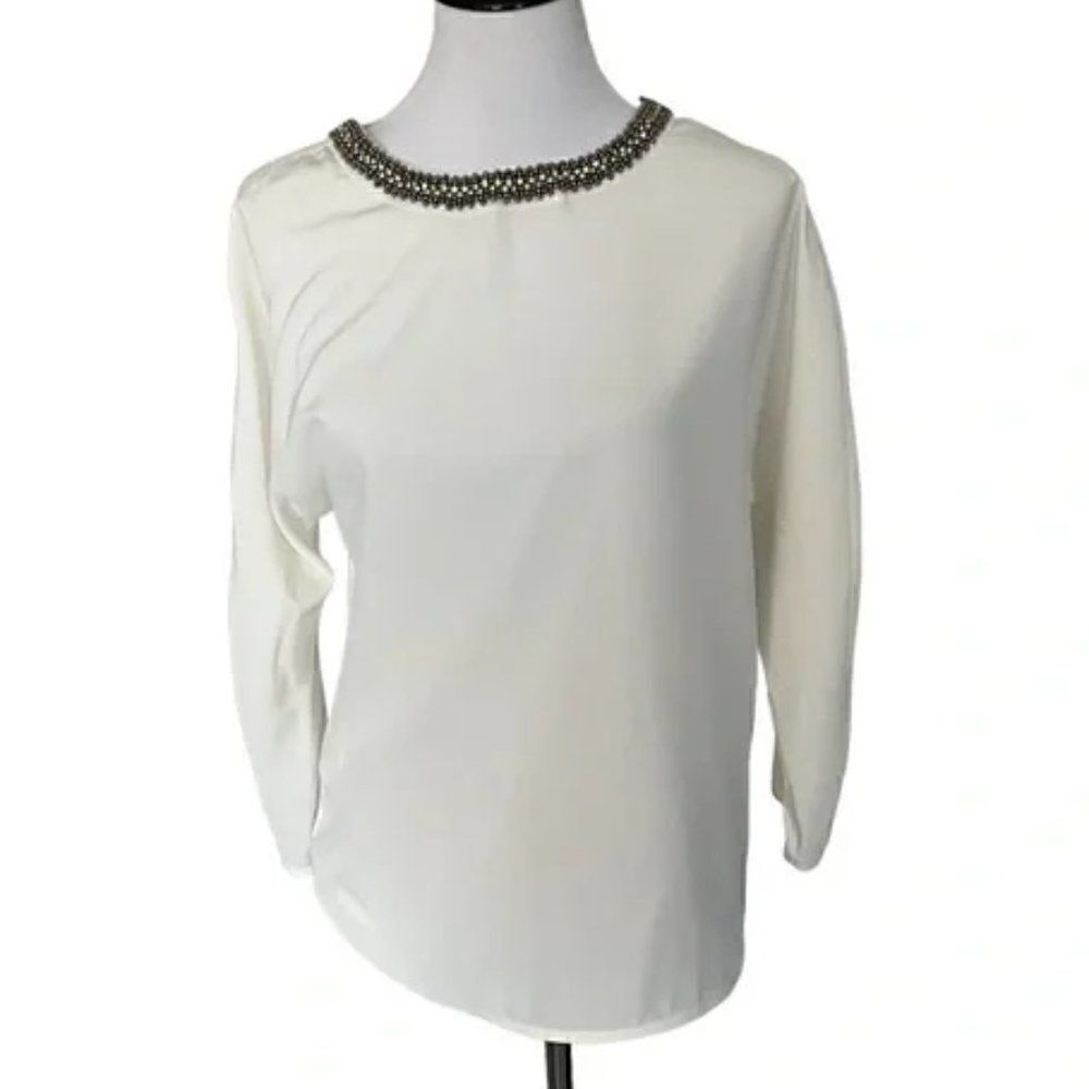 Ann Taylor Crew Jeweled Neck White Top Size M